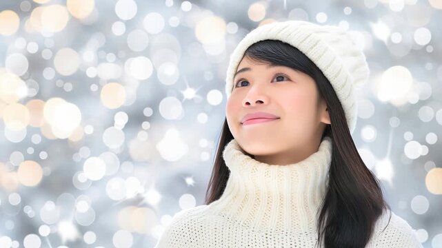 Asian woman in knit attire looking up with a gentle smile on a sparkling bokeh background, winter holiday concept.