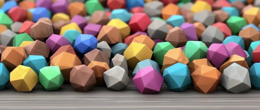A pile of colorful geometrically shaped wooden blocks resting on a textured wooden surface
