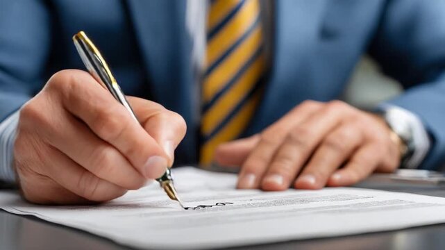 Pen and Paper Pact: A close-up view captures a hand meticulously signing a contract with a classic pen, emphasizing the act of agreement and commitment.