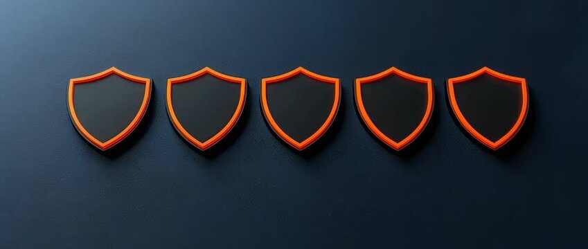 Row of five empty black shields with bright orange luminous borders on dark texture
