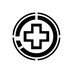 Fototapeta premium Black medical cross symbol encased within a circular border with a segmented line, representing healthcare solutions