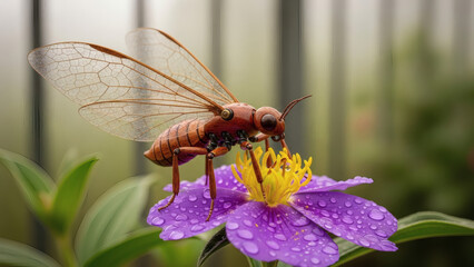 A delicate, insect-sized robot with translucent wings made from dried leaves and a body of polished wood, perched on a real flower in a greenhouse, macro photography