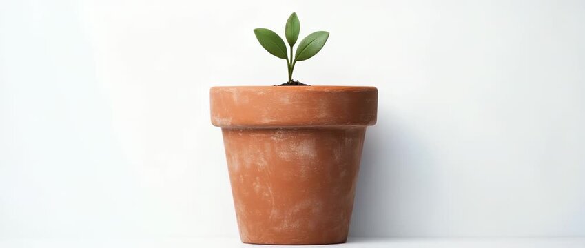 A small green seedling with three leaves sprouts from the soil inside an empty terracotta clay pot