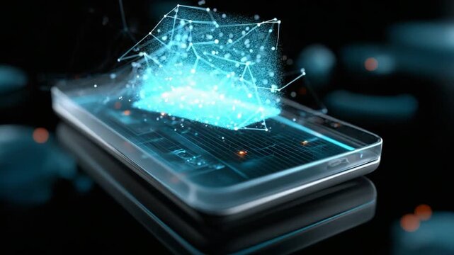 Digital Transformation: A luminous digital abstract emerging from a sleek smartphone, showcasing the ever-evolving world of technology and digital advancements.