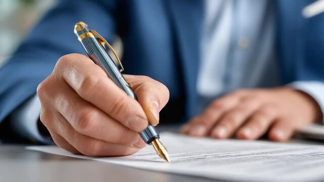 Signing the Deal: A close-up shot captures the precise moment of a hand meticulously signing a document with a sleek pen, symbolizing commitment and agreement. 