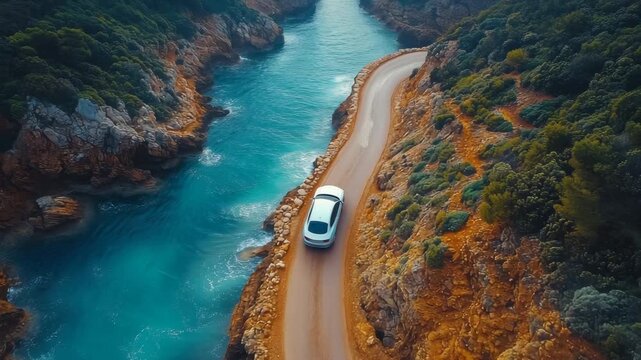 An epic aerial view of a car on a scenic coastal drive next to a turquoise river. The ultimate road trip. Ideal for car commercials and travel advertising