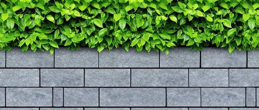 Vibrant green foliage cascades over a textured gray retaining wall constructed of rectangular stone blocks