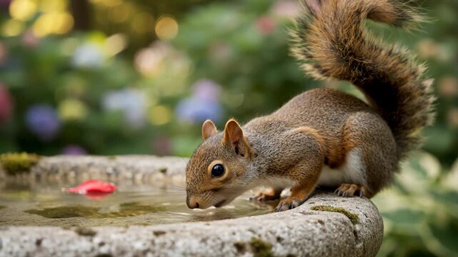 Squirrel drinking water from a stone birdbath in a garden. Close-up of a thirsty gray squirrel in a backyard setting with flowers. Wildlife and nature concept