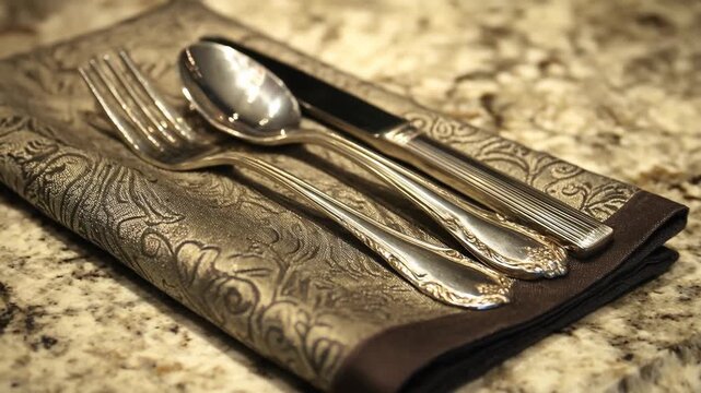 Kitchen with granite island design concept. Elegant cutlery arrangement on a decorative napkin atop a granite countertop.