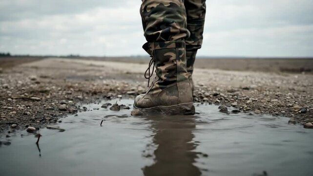 Soldier in camouflage boots walking through a muddy puddle. Tactical boots stepping in water on a dirt road. Military infantry marching in harsh conditions. Low angle close-up