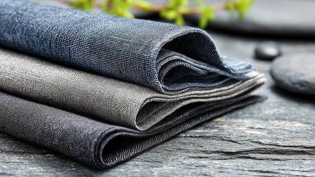 Kitchen with granite island design concept. Stack of textured fabrics in shades of gray and navy on a rustic wooden surface.