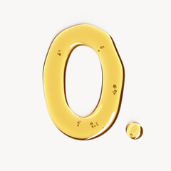 Number zero made of cosmetic oil, face serum gel or honey liquid texture. 3d rendering typography element, null digit symbol, abstract numeric shape
