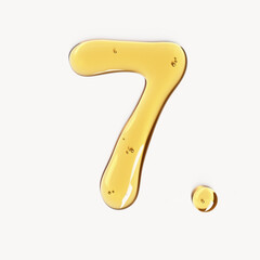 Number seven made of cosmetic oil, face serum gel or honey liquid texture. 3d rendering typography element, numeric shape for age anniversary or birthday concept