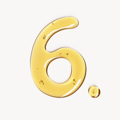 Number six made of cosmetic oil, face serum gel or honey liquid texture. 3d rendering typography element, numeric shape for age anniversary or birthday concept
