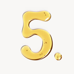 Number five made of cosmetic oil, face serum gel or honey liquid texture. 3d rendering typography element, numeric shape for age anniversary or birthday concept
