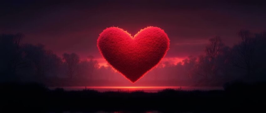 Giant glowing red furry heart floating above a dark lake at twilight with silhouetted trees