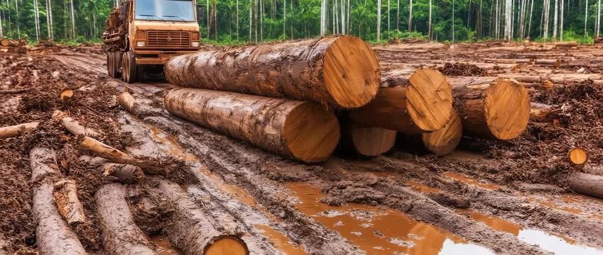 Large freshly cut timber logs stacked on a very muddy logging road near a forest