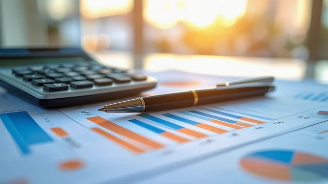 グラフ資料と計算機が並ぶデスク上で数値分析と経営判断を行うビジネス作業風景