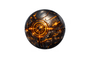 Sci-fi metallic sphere glowing with orange light, displaying mechanical details and advanced technology on a transparent background