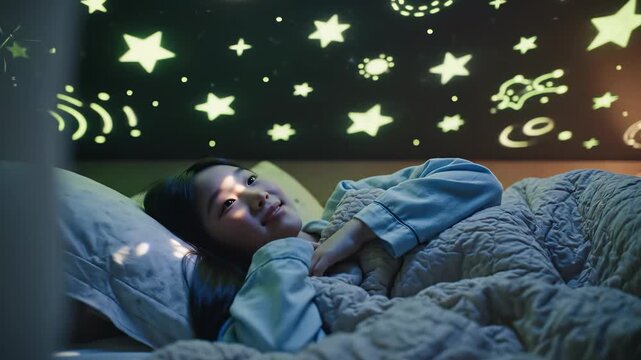 A child lies in bed, gazing up at a ceiling filled with twinkling stars and swirling patterns, lost in an enchanting dream world. The atmosphere is calm and soothing.