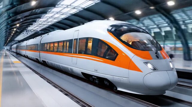  High-Speed Rail: A sleek, modern high-speed train travels through a brightly lit tunnel, representing the forefront of modern transportation and connectivity. 
