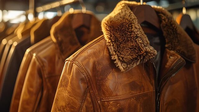 ハンガーに掛けられた革ジャンが温かみある売り場の雰囲気を演出