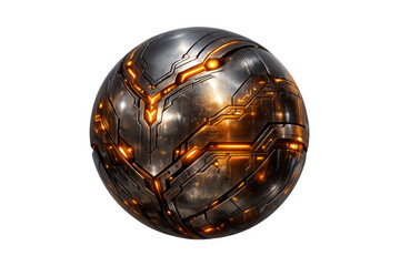 Futuristic metallic sphere with glowing orange power lines, abstract sci-fi technology concept