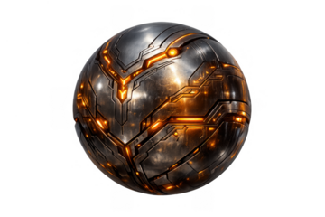 Futuristic metallic sphere with glowing orange power lines, abstract sci-fi technology concept