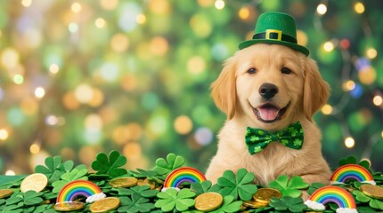 Celebratory st. Patrick's day dog portrait home setting photography festive atmosphere close-up view adorable golden retriever dressed up with green accessories and lucky charms