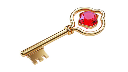 Gold ornate key with faceted red gemstone