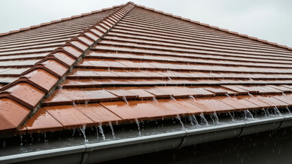 Fototapeta premium A modern sloped roof with terracotta tiles. Some tiles are subtly different, channeling rainwater into an integrated, hidden gutter system. Rainy day, water droplets, muted colors