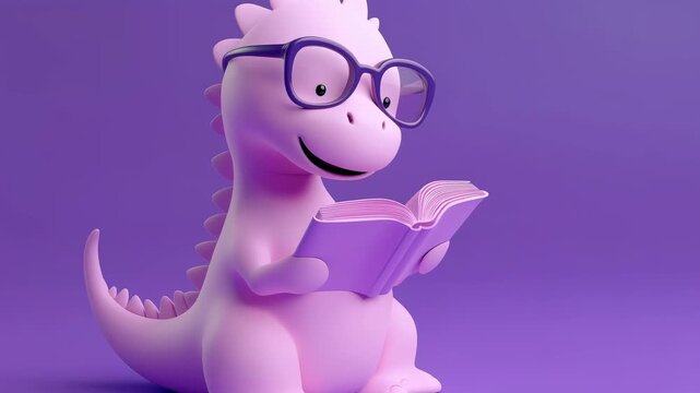 Purple dinosaur wearing glasses reading open book. Cute animal cartoon concept for education, knowledge, and learning.