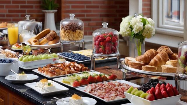 Breakfast Buffet: A lavish spread of breakfast treats, ranging from fresh fruits to savory pastries, awaits in this tantalizing morning scene.