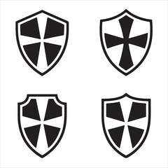 Medieval shield with cross black silhouette icon set