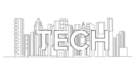 Tech City Line Style Vector Illustration with Text, Tech City Concept with Text on Buildings Line Style