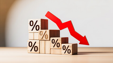 Global Financial Recession Concept, Falling Economy Illustration with Downward Arrow and Percentage Blocks