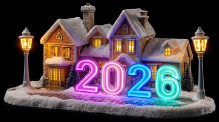 New Year 2026 Celebration: A beautifully lit holiday village scene heralds the arrival of the year 2026, with glowing numbers set against a backdrop of snow-covered rooftops.