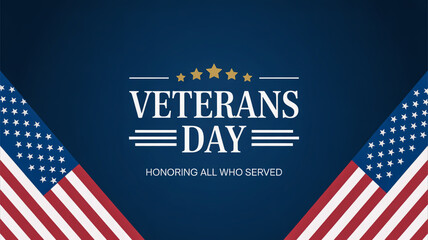 Veterans Day poster with American flags and stars on a blue background patriotic