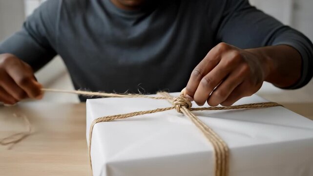Focused Black man tying a rustic twine knot around a white gift box. Male wrapping a present at a wooden table. Holiday preparation concept