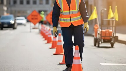 Female construction worker placing traffic cone on a city street. African American woman in safety vest setting up a road block for maintenance. Infrastructure repair concept