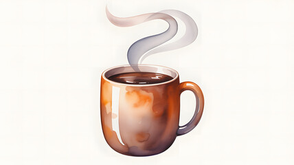 A warm watercolor illustration of a steaming brown mug of coffee on a clean white background