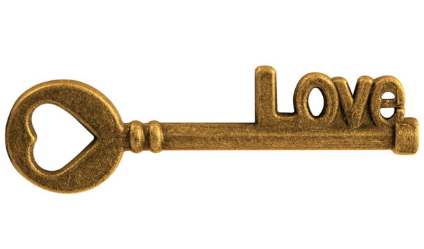 Golden heart shaped key with text Love - Powered by Adobe