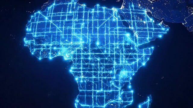 Global network connection concept with Africa continent highlighted, symbolizing international communication and technology.