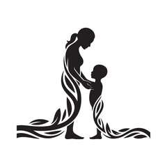 A silhouette of a mother and child embracing connected by flowing organic shapes