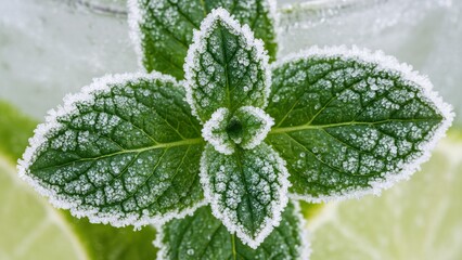 Macro Shot of Fresh Green Mint Leaves Covered in White Frost and Ice Crystals for a Cold Drink