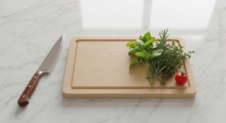 Fresh herbs and a bright red tomato rest upon a wooden cutting board beside a chef's knife on a marble surface