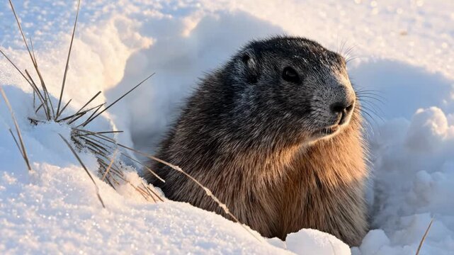 Gopher peeking out from snowy burrow with frosty fur
