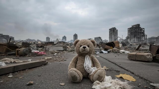 Lonely teddy bear sitting on rubble in a destroyed city. Abandoned toy amidst war devastation and ruined buildings. Symbol of lost innocence and tragedy in a conflict zone
