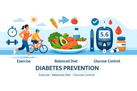 Minimal vector poster about diabetes prevention exercise balanced diet glucose control icons 