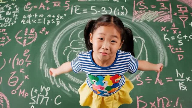 Young girl jumping in front of a chalkboard with complex math equations